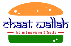 Chaat Wallawith logo with copy stating Indiand Sandwichs and Snacks inside a graphic orange and green bun.